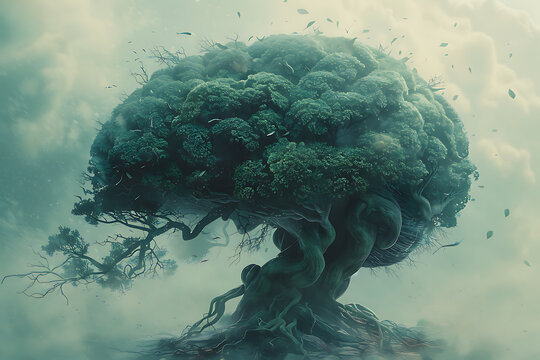 A surreal style of medical illustration: a human brain carefully sculpted into the shape of an ancient, gnarled tree, its roots intertwined with neural pathways.