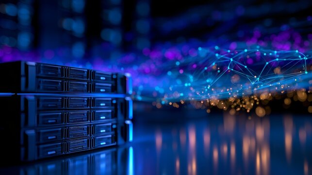 Server racks processing data with network connections