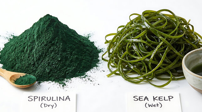 Spirulina powder and fresh sea kelp seaweed isolated on white background