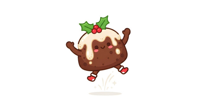 Cute animated pudding character with holly decoration jumping cheerfully