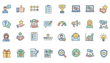 Fototapeta premium Collection of feedback icons including ratings support and communication in a flat vector style reviews customer service
