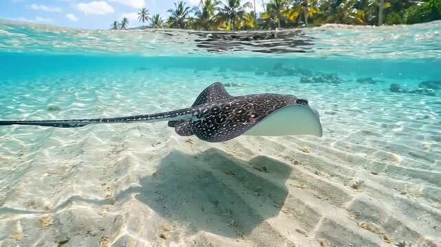 Tracking shot of stingray gliding across shallow tropical lagoon seabed near palm lined shore in clear turquoise water midday calm sunlit marine habitat