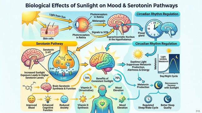 Biological Effects of Sunlight on Mood Serotonin Pathways and Circadian Rhythm Infographic