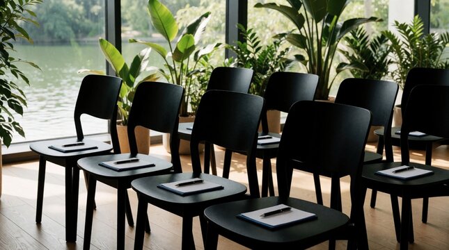Neatly arranged black chairs with notebooks and pens face large windows overlooking calm water. Rich green plants fill the bright, modern room creating a serene setting for events or presentations.