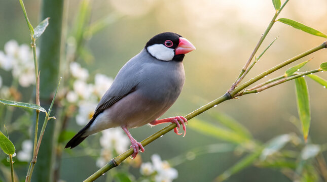 Detailed close up portrait of a wild Java Sparrow finch bird with a thick pink beak perched elegantly on a vibrant green bamboo branch in a natural garden