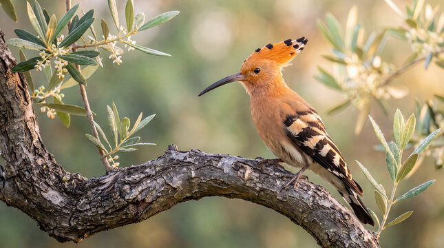 Wild Eurasian Hoopoe bird displaying its distinctive raised orange crest and black and white striped wings while perched proudly on an olive tree branch