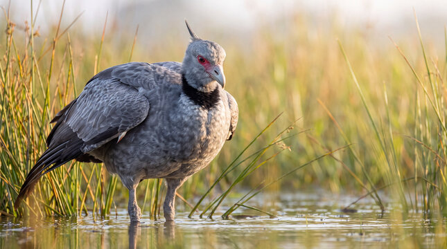 Wild Southern Screamer bird with a prominent head crest wading quietly in calm shallow marshland water surrounded by tall green reeds at the golden hour
