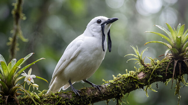 Rare male Three-wattled Bellbird tropical bird with distinct black facial wattles perched quietly on a mossy branch in a dense tropical cloud forest environment