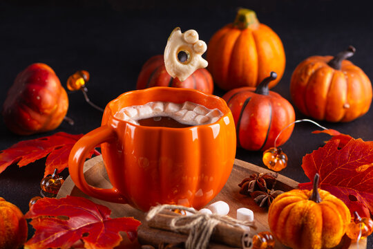 Warm pumpkin spice latte with marshmallows and cinnamon sticks for cozy autumn holiday celebrations