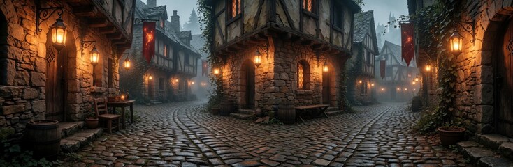 Fototapeta premium Cobblestone street in old town alley at dusk. Medieval buildings glow with warm light from hanging lanterns. Foggy atmosphere lends a mysterious, enchanting feel to the quiet lane.