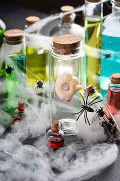 Halloween spooky laboratory potion bottles with spiders and cobwebs for a festive theme