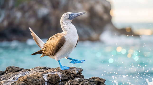 Wild Blue-footed Booby seabird standing proudly on wet coastal rocks lifting one of its distinctive bright blue webbed feet against a sparkling turquoise ocean