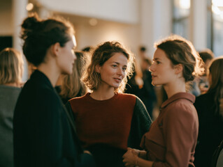 Obraz premium Group of diverse young business women talking at evening networking event, professional women communicating at indoor corporate conference or workshop, cinematic lighting portrait of friends chatting