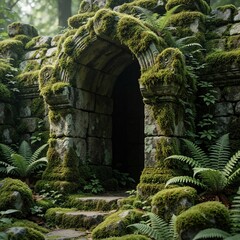 Naklejka premium Ancient stone archway covered in thick green moss, ferns. Old weathered rock structure forms mystical portal in deep forest. Overgrown ruins create secret gateway through dense vegetation in dark