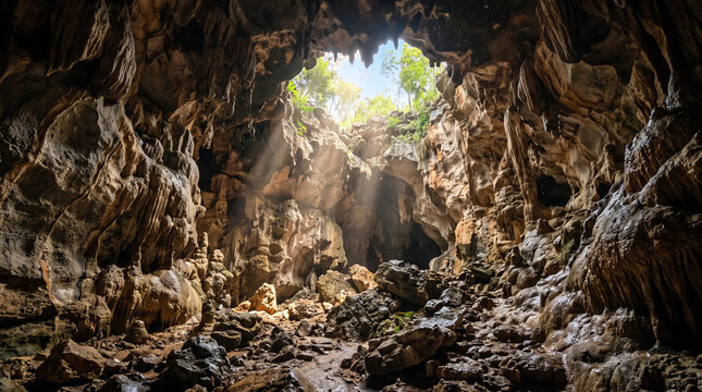 Majestic limestone cave with sunlight beams, ancient rock cavern interior, natural subterranean grotto with sun rays and stalactites