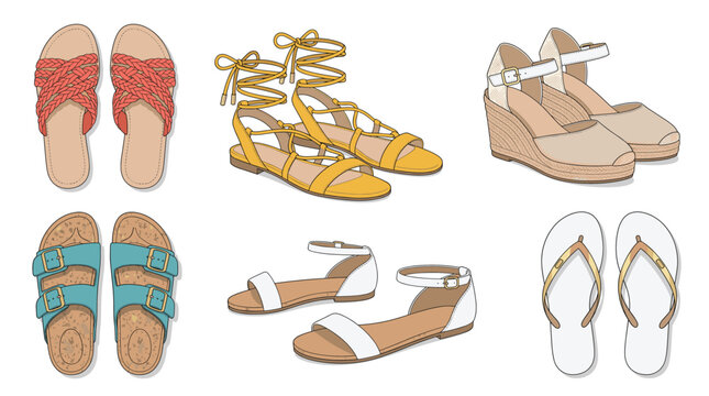 Assorted women's sandals set including braided slides, lace-up sandals, wedge espadrilles, cork-sole sandals, and flip flops