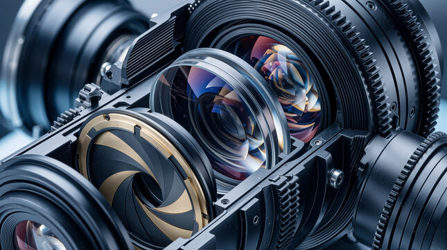 Detailed Cutaway of a Professional Cinema Camera Lens Showing Internal Optical Elements, Aperture Blades, and Precision Mechanics