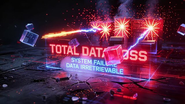 Server room failure with total data loss warning on holographic display. Critical system error in futuristic data center. Lockdown shot.
