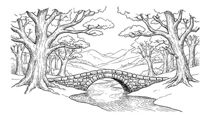 Obraz premium Hand Drawn Ink Sketch of a Scenic Forest Landscape with a Stone Arch Bridge Over a River and Ancient Trees, Black and White Engraving Style Illustration