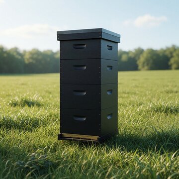 Tall black Langstroth beehive stands in green grassy field under sunny sky. Stacked wooden honey bee boxes create large apiary structure for organic honey production. Rural farm landscape with