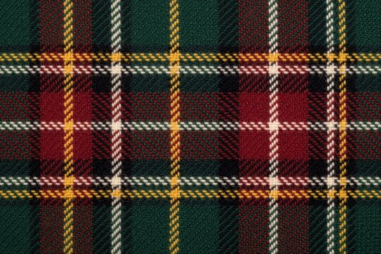 Close up of classic green tartan fabric, a traditional Scottish pattern. Wool textile features intersecting lines of red, yellow, and white, signifying clan heritage and cultural celebrations.