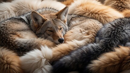 Naklejka premium Coyote rests curled up on pile of soft fur. Wild canid slepic soundly, surrounded by warm, dense animal pelts. Closeup detail shows creature serene face and fur textures.