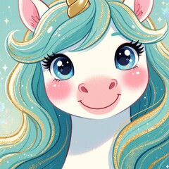 Fototapeta premium Cute whimsical unicorn face with turquoise mane, gold glitter. Magical fantasy creature large blue eyes, pink cheeks. Colorful cartoon character design for kids nursery decor children book cover.
