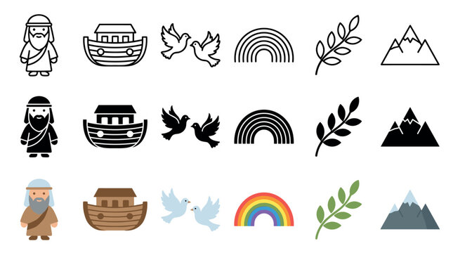 Noah's Ark story icons set illustrating biblical narrative elements and symbols of faith, hope, and new beginnings in various styles.
