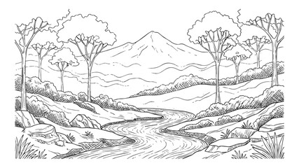 Obraz premium Scenic Nature Landscape Coloring Page, Hand-Drawn Winding River Flowing through a Forest Valley with Majestic Mountain Peak, Black and White Line Art Outline