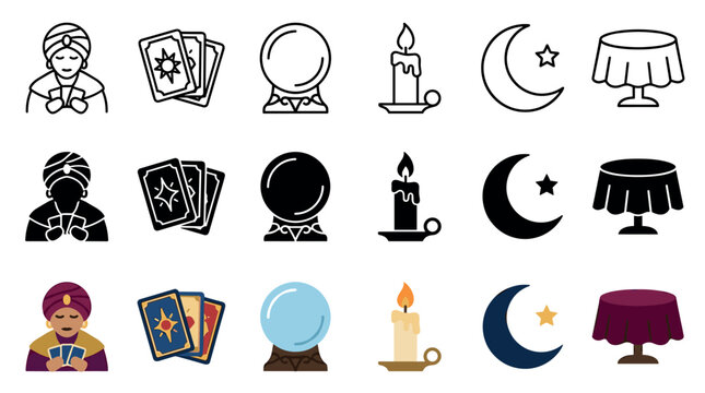 Fortune telling icons set with mystic symbols and spiritual elements for divination, magic, and future prediction in outline, solid, and color styles.