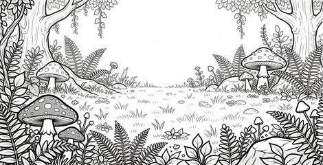Fototapeta premium Whimsical line art depicts a magical forest scene with oversized mushrooms and ferns. This enchanting woodland setting is perfect for storybooks, fantasy art, or children coloring pages.