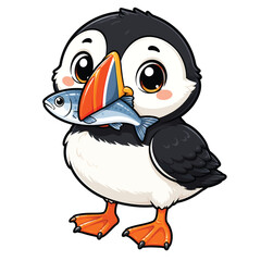 Obraz premium Cute puffin bird holding a small colorful fish, charming cartoon wildlife illustration for ocean, birdwatching and children's educational themes