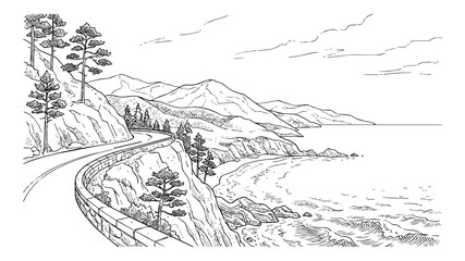 Obraz premium Scenic Coastal Highway Hand-Drawn Sketch, Winding Cliffside Road Overlooking Ocean Coastline Landscape, Pacific Coast Highway California Engraving Line Art