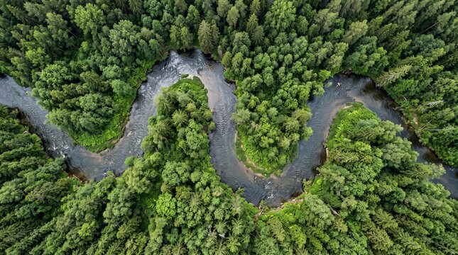 Aerial view of winding river through dense green forest. Meandering water stream in lush woodland. Top down drone photography of wild nature.
