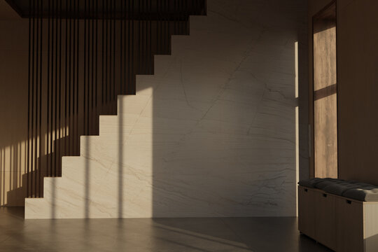 3d Rendering of a sunbathed hall with soft colors and modern marble staircase