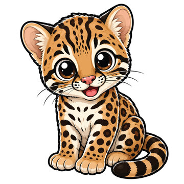 Cute cartoon spotted leopard cub sitting and smiling, adorable wild cat character illustration isolated on white background