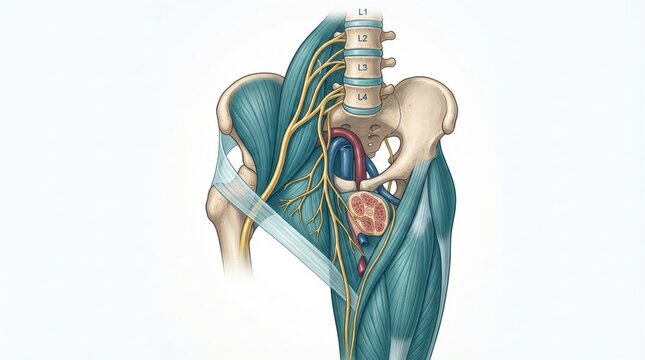The anatomy of peripheral nerves including nerve plexus and dermatome near the lumbar region of the spine.
