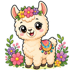 Naklejka premium Cute cartoon alpaca wearing a colorful patterned blanket and flower crown, adorable farm animal illustration isolated on white background