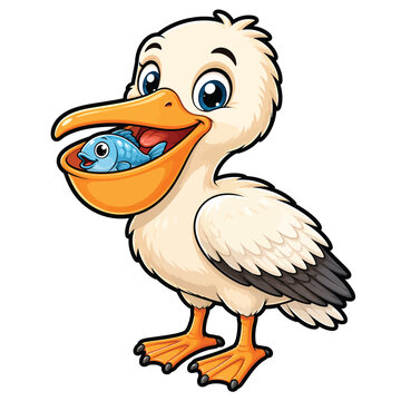 Cute cartoon pelican holding a small fish in its large beak, adorable coastal bird character illustration isolated on white background