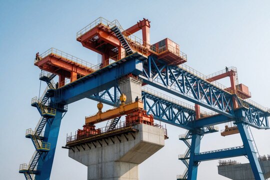 Massive gantry crane structure erects bridge segment. Steel industrial equipment lifts heavy concrete pillar. Workers oversee infrastructure project, construction site.