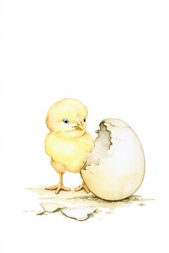 Hand-painted illustration of a newly hatched yellow chick standing beside a cracked eggshell, with tiny orange feet and a curious expression, surrounded by shell fragments