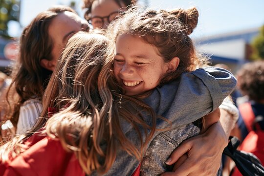 Two girls hugging, one in red jacket, another in blue sweater.
