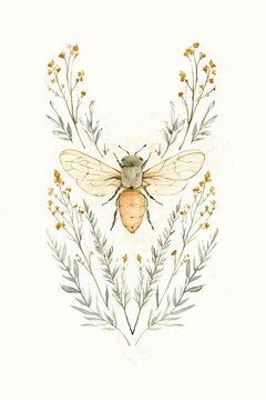Delicate botanical watercolor illustration of a golden honeybee with translucent wings surrounded by slender stems of mustard-yellow wildflowers and muted green foliage