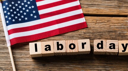 Fototapeta premium American flag and wooden blocks spell Labor Day on a rustic wood table. Celebrate national holiday with patriotic symbols. A day for workers.