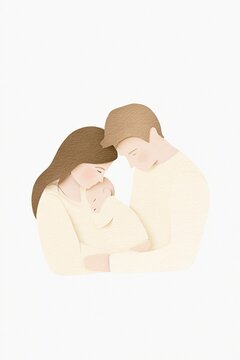 Tender handmade illustration of young parents gently embracing their sleeping newborn, foreheads touching, wearing simple cream clothing, soft brown hair, and rosy cheeks