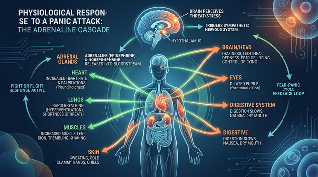 Physiological Response to a Panic Attack and Adrenaline Cascade Medical Infographic