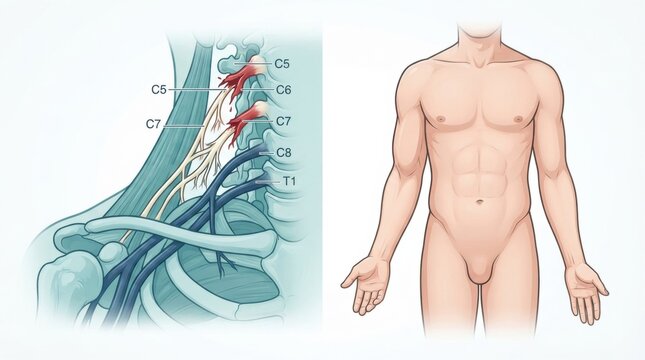 This visual displays peripheral nerve anatomy, focusing on nerve plexus, spinal nerves, and dermatome locations in the human body.
