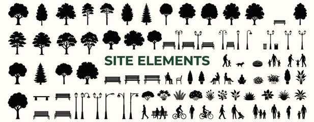 Fototapeta premium Solid black architectural landscape silhouettes for urban site plans featuring trees, benches, street lamps, garden vegetation and scale figures in a professional vector collection