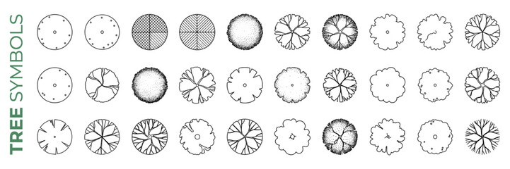 Fototapeta premium Top view architectural tree symbols for floor plans featuring round organic canopy forms, clean CAD landscape drafting graphics for garden, park and site plan design
