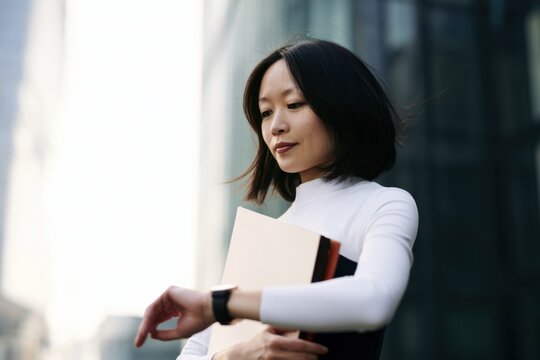 Young East Asian businesswoman checking wristwatch while holding document folder outside modern office building, dressed in stylish attire with a focused expression